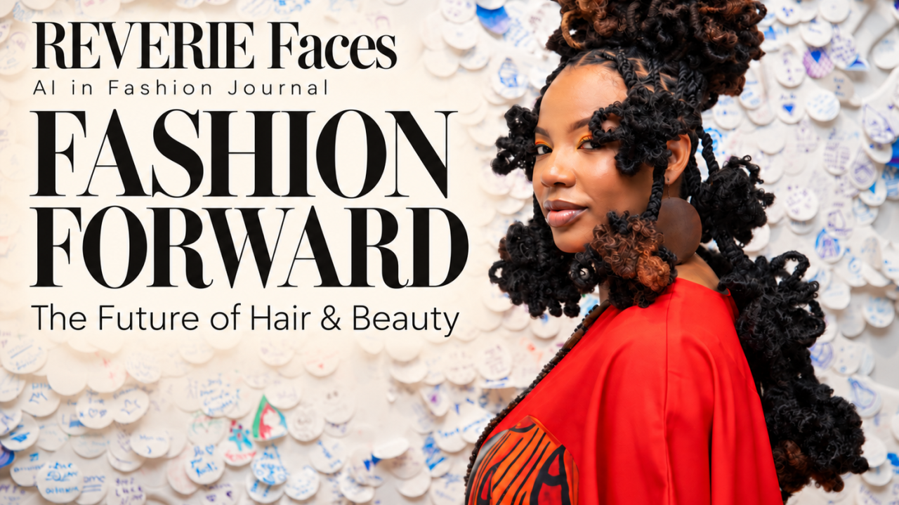 REVERIE Faces Fashion Forward cover featuring Micheala (Mimi) Palmer with sculptural curls styled by Ricardo.